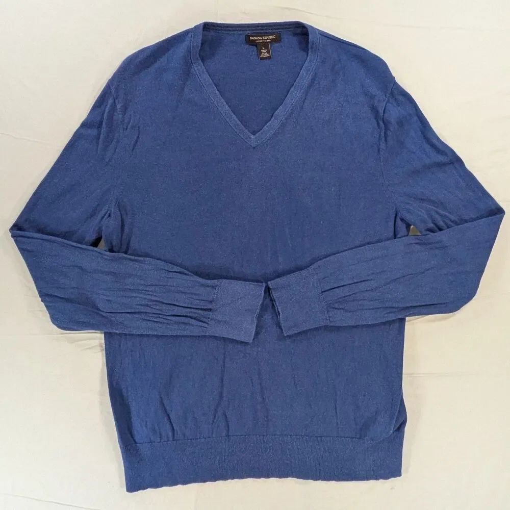 Banana Republic V-Neck Sweater Mens Size Large Blue Silk Cotton Cashmere Blend